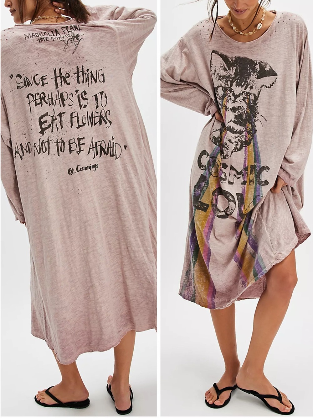 Magnolia Pearl Cosmic Love Viggo Dusty Pink Cat Graphic Oversized Cotton Dress